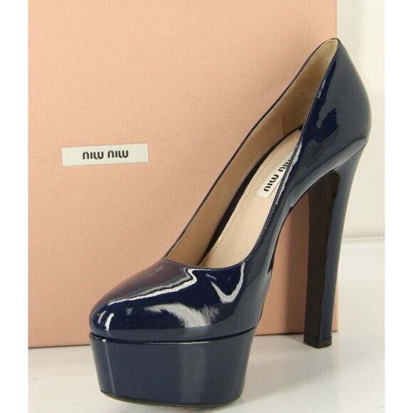 Miu Miu Navy Blue Patent Platform Almond Toe Pumps 140MM - Picture 1 of 11